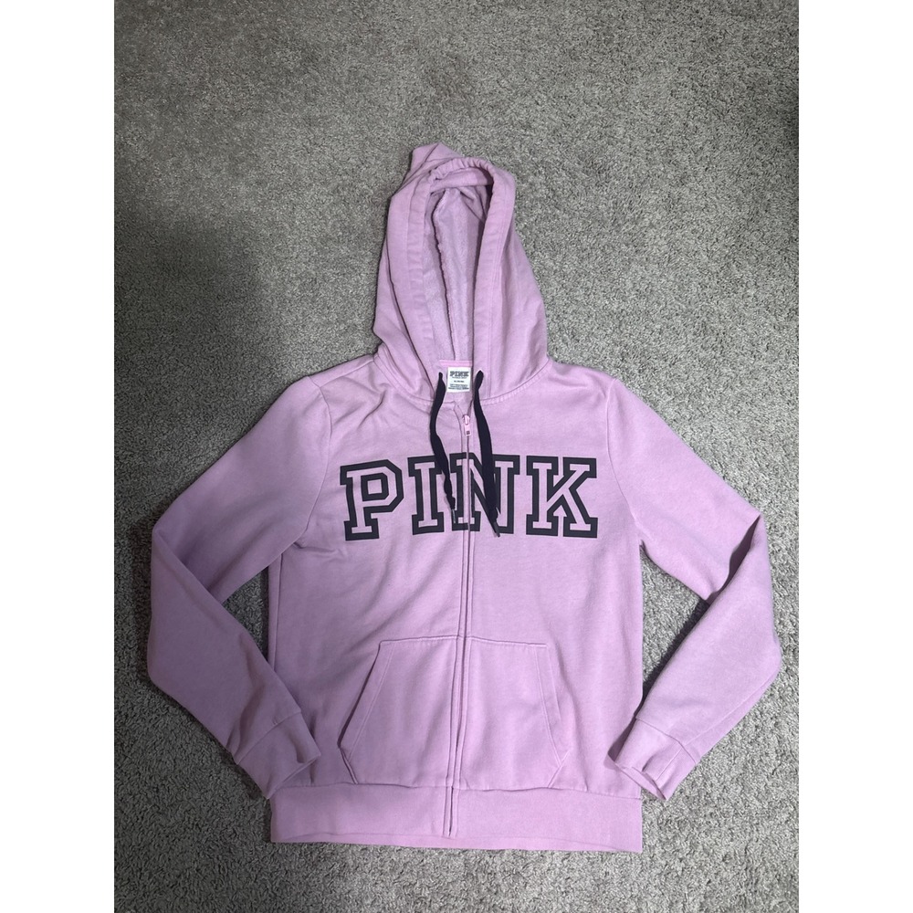 Victorias Secret PINK Full Zip Hoodie Purple Black Logo Fleece Sweatshirt M